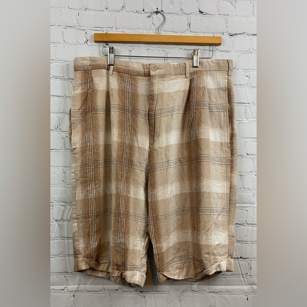Trust Mens Size W36 Bermuda Linen Blend Vacation Shorts Tan/Beige Plaid